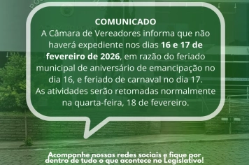 Câmara de Vereadores comunica suspensão de expediente nos dias 16 e 17 de fevereiro