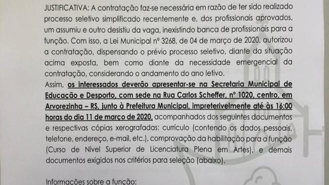 INSCRIÇÕES PARA PROFESSOR DE ARTES IRÃO ATÉ QUARTA-FEIRA, DIA 11 DE MARÇO, NA SECRETARIA MUNICIPAL DE EDUCAÇÃO E DESPORTO DE ARVOREZINHA.